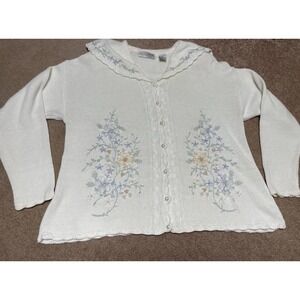 VTG Carolyn Taylor Cardigan Sweater Women L Floral Embroidered‎ Cottage Grandma